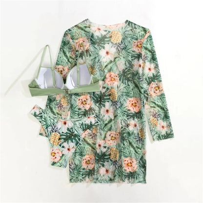 Three Pieces Bikini Set Cover Up Women 2023 New Push Up Twist Swimsuit Print Long Sleeve Swimwear Biquini Bathing Suit Summer