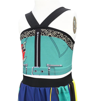 Official Zoey K-Pop Idol Cosplay Costume: 2-Piece Teal & Neon Stage Outfit for Girls