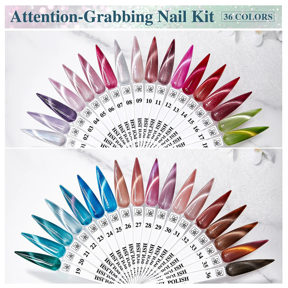 Vendeeni 36 Colors/Set Glitter Crystal Cat Eye Gel Nail Polish Semi Permanent UV Magnetic Wide Cat Eye Gel Varnish With Display