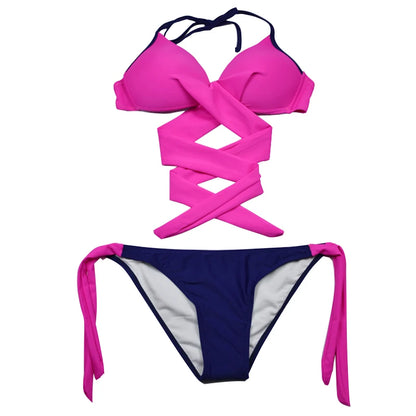 Neon Green Bikini Set Sexy Women Push Up Swimwear Cross Bandage Halter Swimsuit Two-piece Beach Wear Bathing Suit Ladies Biquini