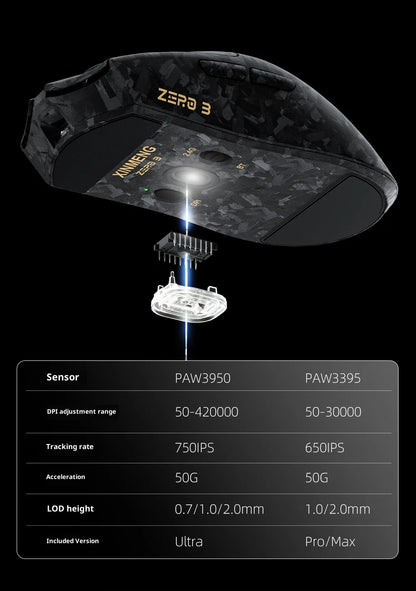 XINMENG ZERO 3 Gaming Mouse PAW3311/PAW3395/PAW3950 E-sport Sensor 1K/8K Polling Rate Carbon Fiber Case 500mAh Battery Wireless