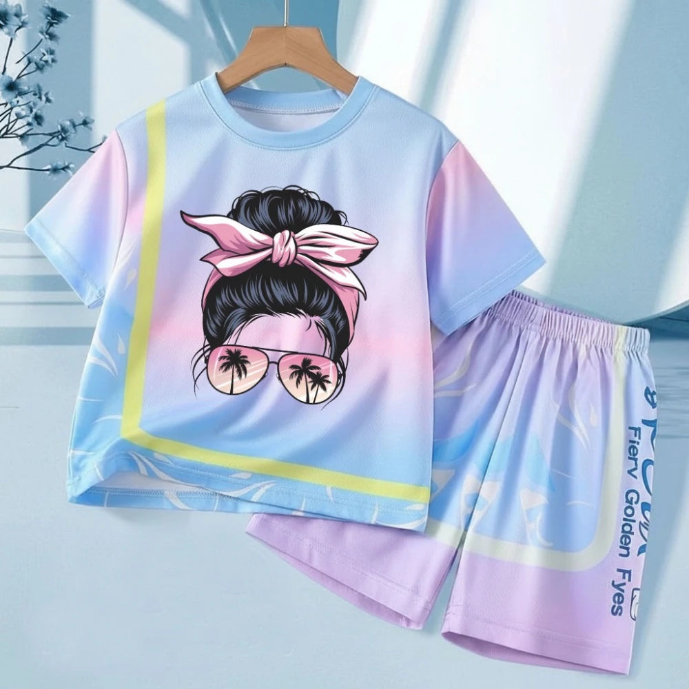 Girls' Sunset Beach 2-Piece Summer Set: Tie-Dye Mesh Tee & Shorts Sport Outfit