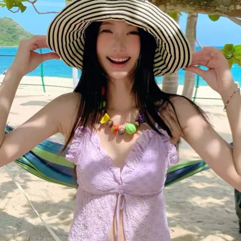 Swimsuit Women Pure Desire Sexy Hot Girl Split Triangle Bikini Gathering Chest Slimming Vacation Style Hot Spring Beach Swimsuit