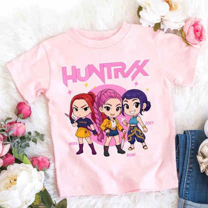 2026 Summer Kpop Demon Hunters T Shirt Kids Cartoon Anime Meme Print Clothes Round Neck Basic Boys Tops Casual Shirts Gift