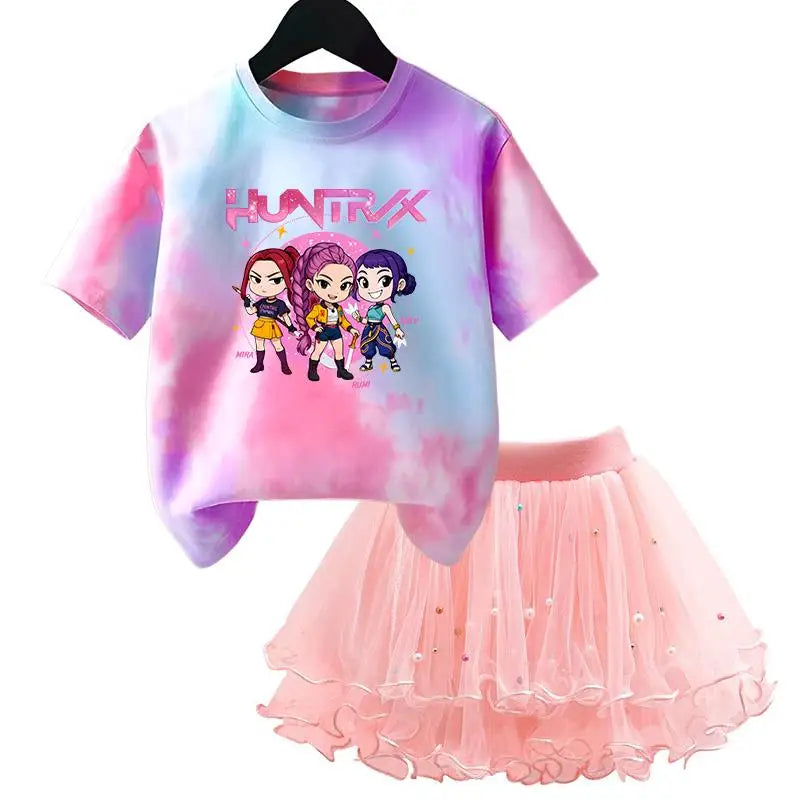 Girls' K-Pop HUNTRX Princess Set: Tie-Dye Graphic Tee & Pearl Tutu Skirt 2-Piece Outfit