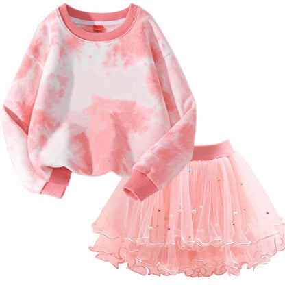 Girls' K-Pop HUNTRX Autumn Set: Pink Tie-Dye Sweatshirt & Pearl Tulle Princess Skirt