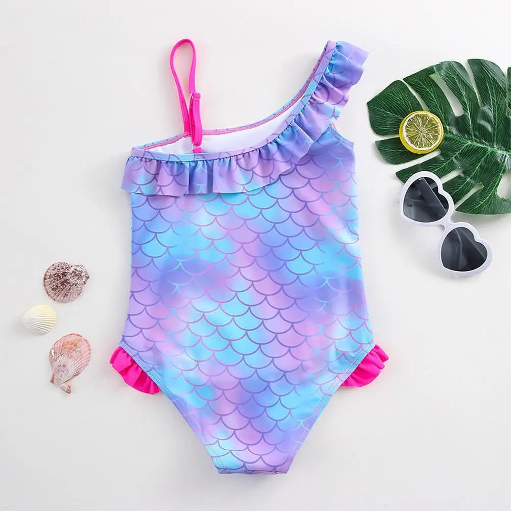 Girls' "Mermaid Heart" One-Piece Swimsuit: Colorful Scale Pattern with Asymmetric Ruffles