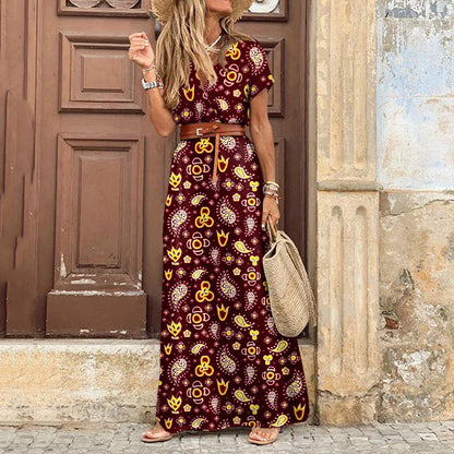 Summer Trend V-Neck Women Retro Vintage Print Slim With Belt Sexy Casual Elegant Holiday Dress High Slit Irregular Midi Dress