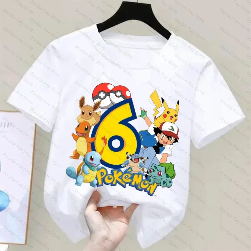 Pokemons Pikachu Kids T Shirts Birthday Number 3-8 Printed T Shirt Boys Girls Summer Casual Short Sleeves Tops Children Clothing