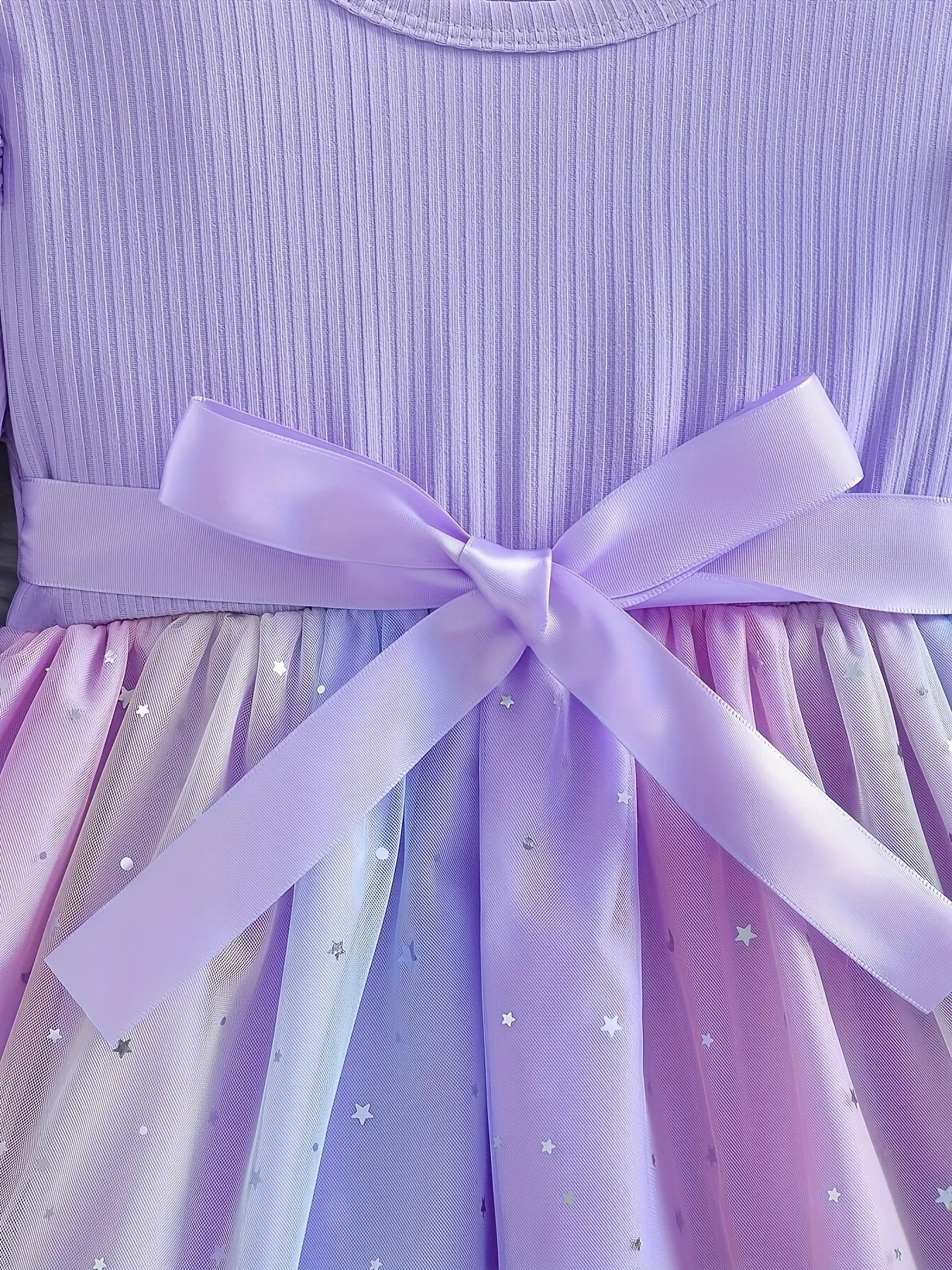 Girls' Long Sleeve Princess Tutu Dress: Cartoon Graphic & Starry Gradient Tulle