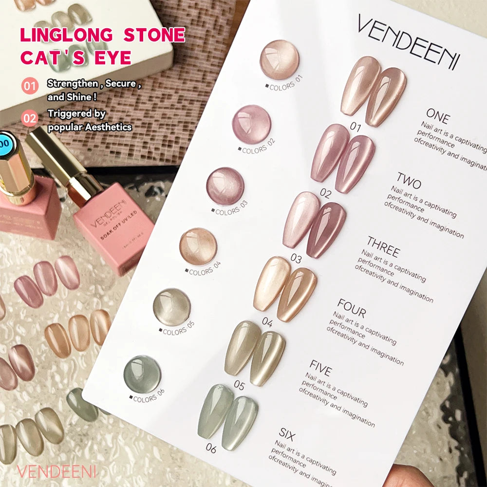 Vendeeni 6 Colors Crystal Cat Eye Gel Nail Polish Set Semi Permanent Sparkling Magnetic UV LED Soak Off Gel Varnish With Display