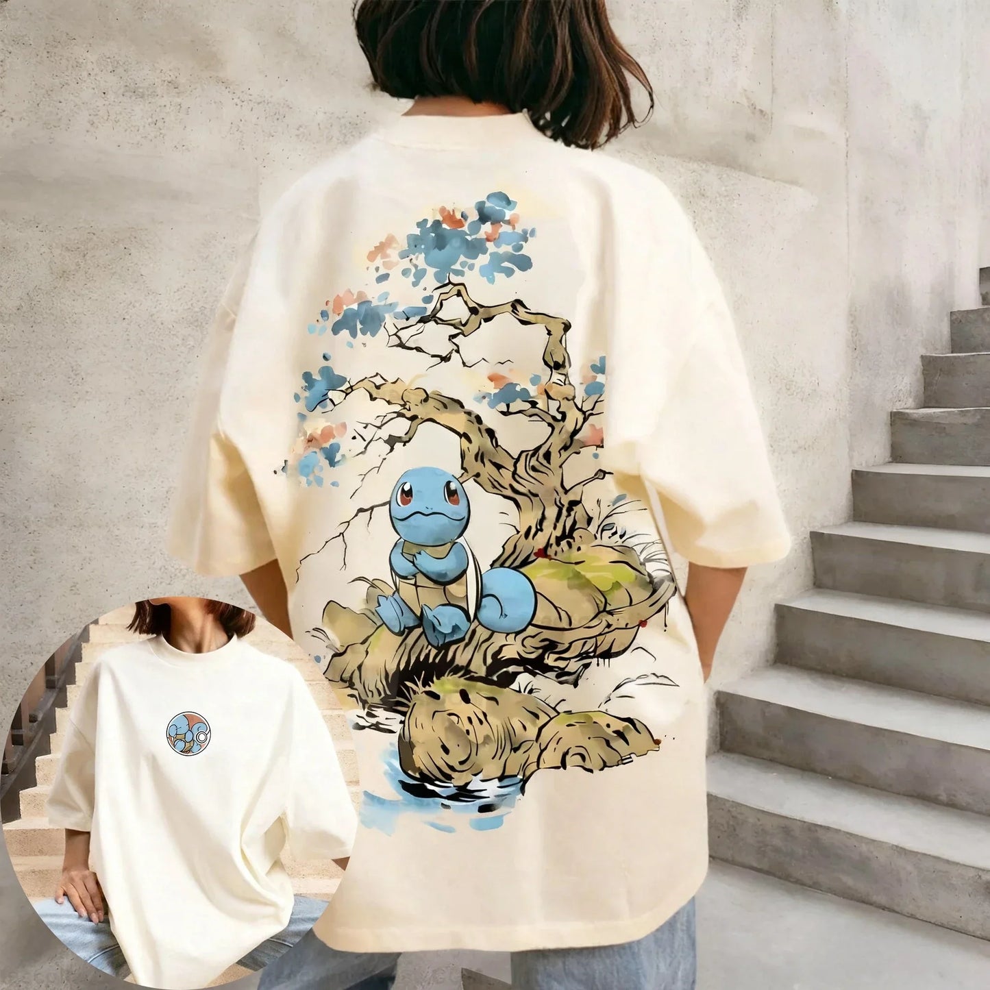 Pokémon Anime Squirtle Printing Cotton T-shirt 2026 Women's Summer New American Hip-hop Trend Daily Loose Y2K Parent-child Top