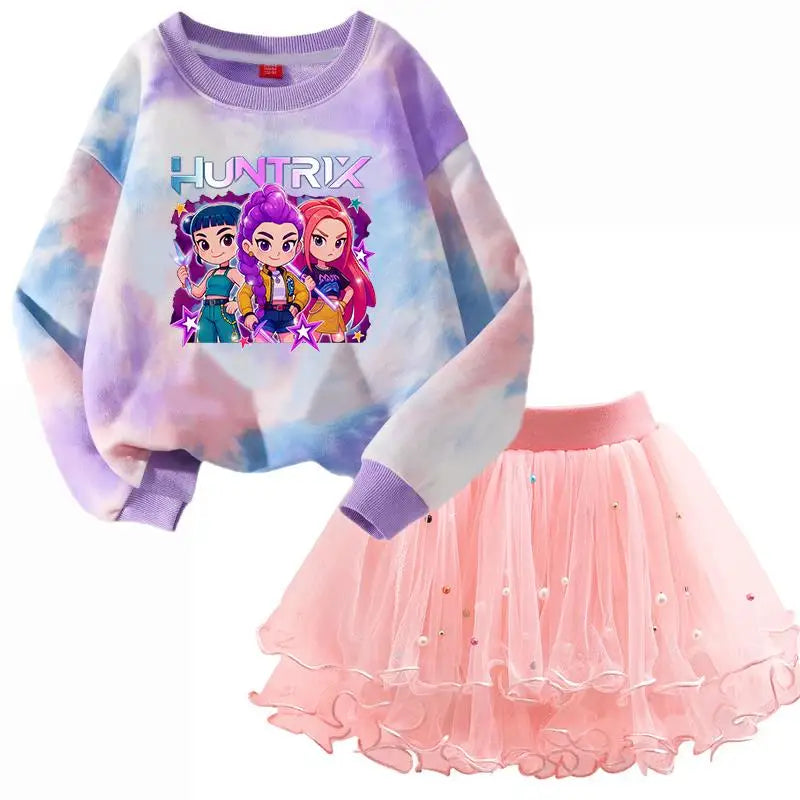 Girls' K-Pop HUNTRX Autumn Set: Pink Tie-Dye Sweatshirt & Pearl Tulle Princess Skirt