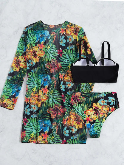 Three Pieces Bikini Set Cover Up Women 2023 New Push Up Twist Swimsuit Print Long Sleeve Swimwear Biquini Bathing Suit Summer