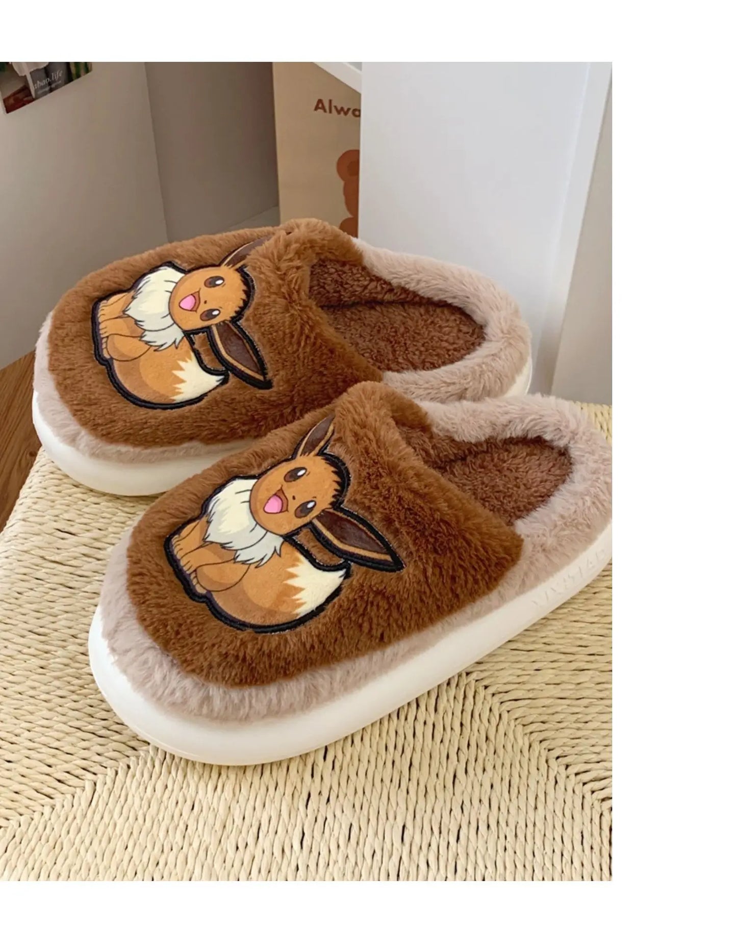 Pokemon Anime Couple Slippers Cute Pikachu Eevee Cartoon Cotton Home Shoes for Men And Women with Velvet Insulation Winter Gifts