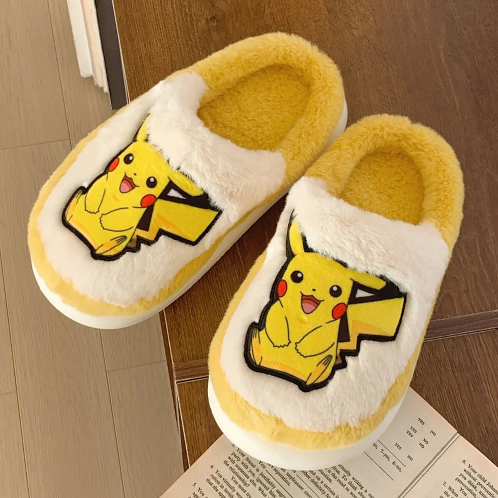 Pokemon Anime Couple Slippers Cute Pikachu Eevee Cartoon Cotton Home Shoes for Men And Women with Velvet Insulation Winter Gifts