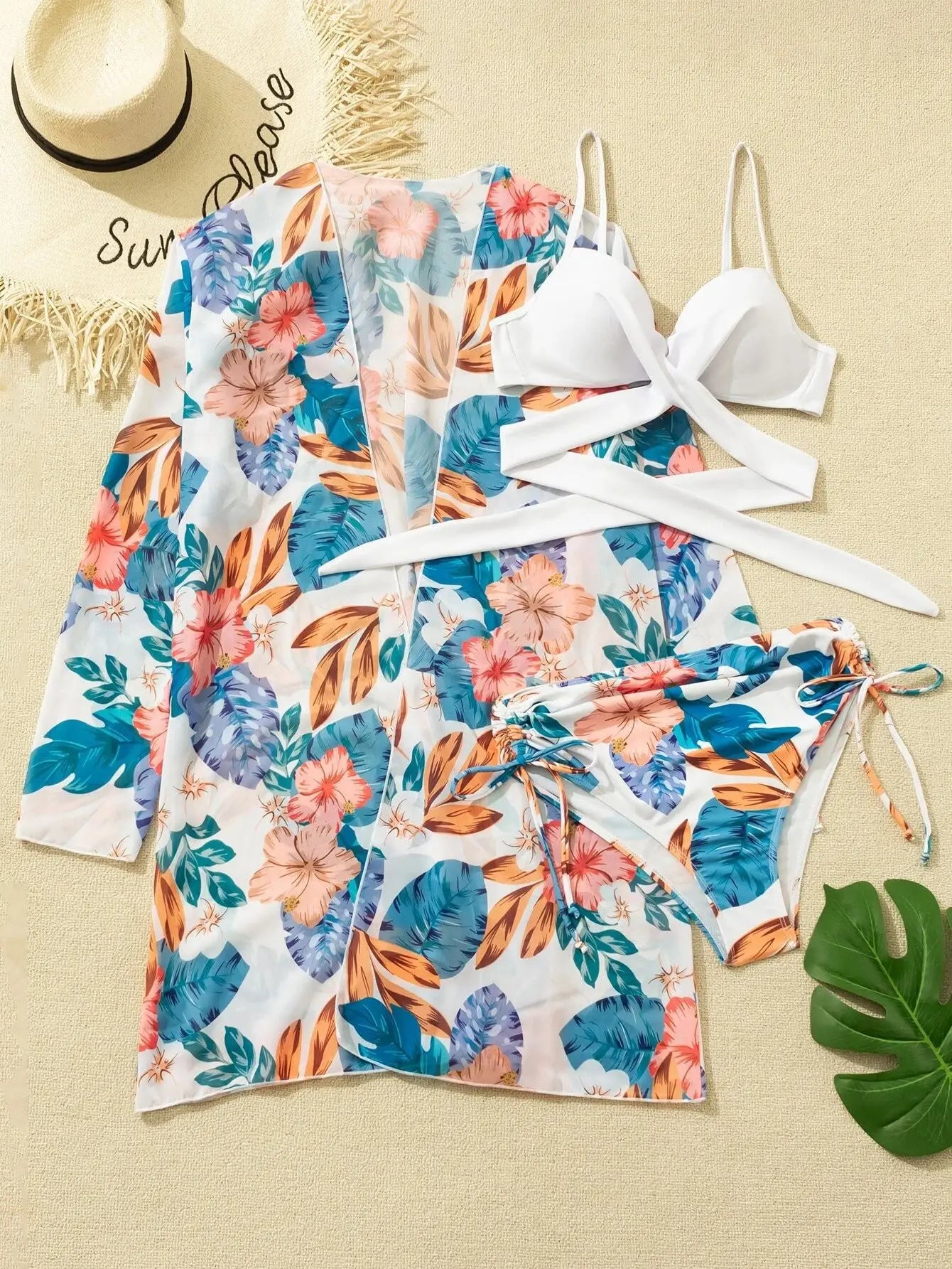 Three Pieces Bikini Set Cover Up Women 2023 New Push Up Twist Swimsuit Print Long Sleeve Swimwear Biquini Bathing Suit Summer