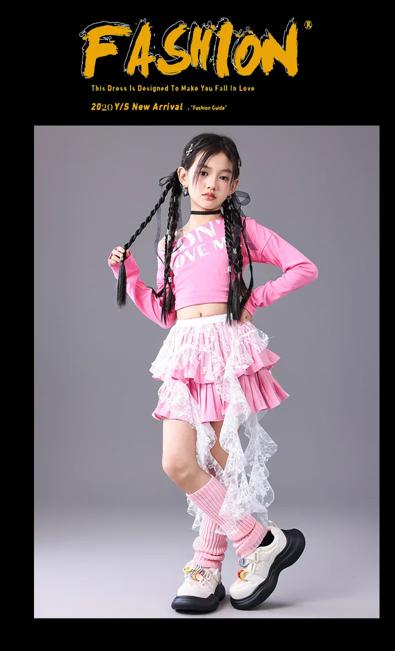 Girls Hip Hop Off Shoulder Crop Top ‌Street Dance Skirts Cargo Pants Children Streetwear Jeans Kids K-pop Girl Group Clothes Set