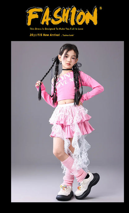 Girls Hip Hop Off Shoulder Crop Top ‌Street Dance Skirts Cargo Pants Children Streetwear Jeans Kids K-pop Girl Group Clothes Set