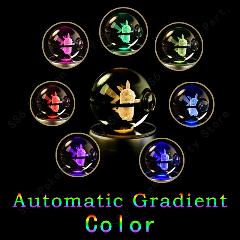 Pokemon Crystal Ball 3D Pikachu Mewtwo Gengar Pokeball 3D Night Light Lamp Glass Statue Pokemon Crystal Ball Kids Birthday Gift