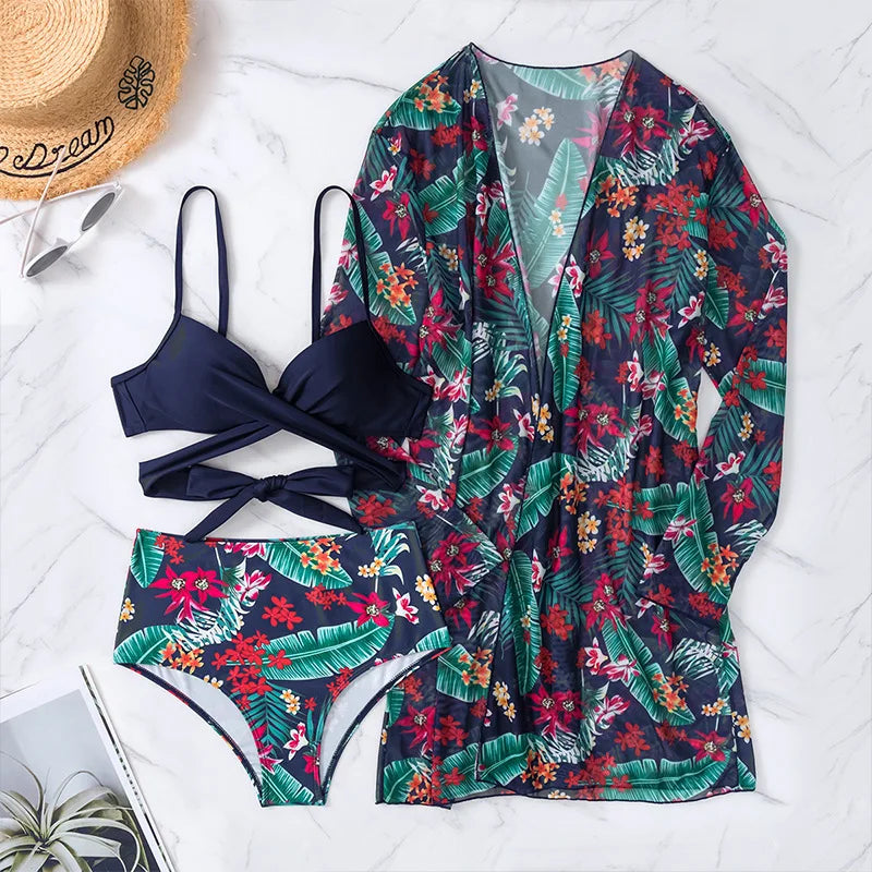 Three Pieces Bikini Set Cover Up Women 2023 New Push Up Twist Swimsuit Print Long Sleeve Swimwear Biquini Bathing Suit Summer
