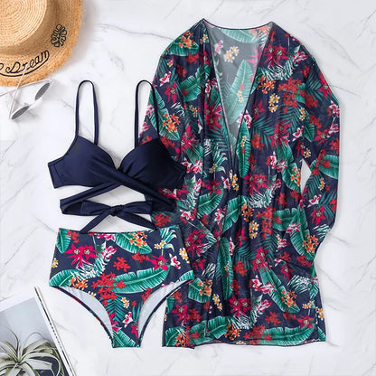 Three Pieces Bikini Set Cover Up Women 2023 New Push Up Twist Swimsuit Print Long Sleeve Swimwear Biquini Bathing Suit Summer