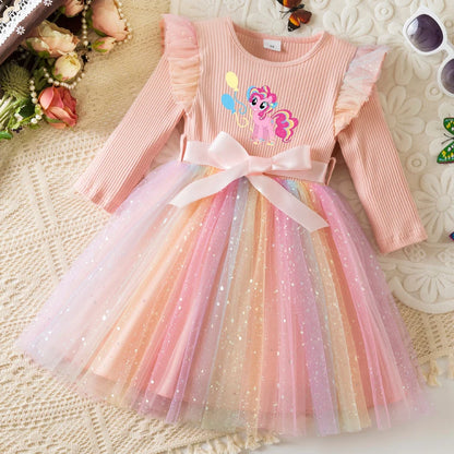 My Little Ponys Colorful Princess Dress for Kids Girls Casual Long Sleeve Sequin Mesh Dresses Party Gift 1-5Y
