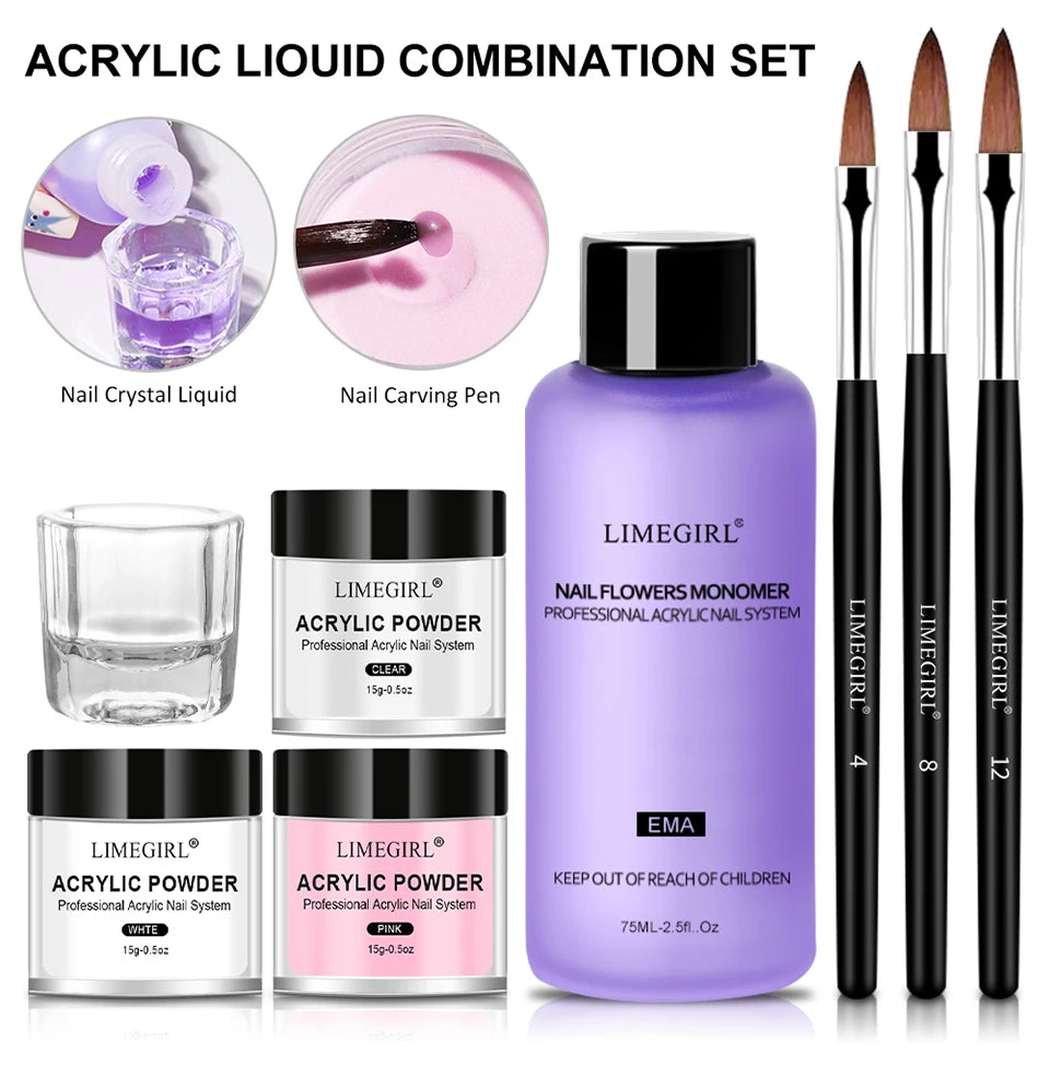 LIMEGIRL Acrylic Powder Kit and Liquid Monomer Nail Kit 3D Art Nail Extension Decoration with UV LED Light Crystal Powder Kit