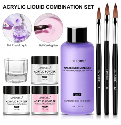 LIMEGIRL Acrylic Powder Kit and Liquid Monomer Nail Kit 3D Art Nail Extension Decoration with UV LED Light Crystal Powder Kit