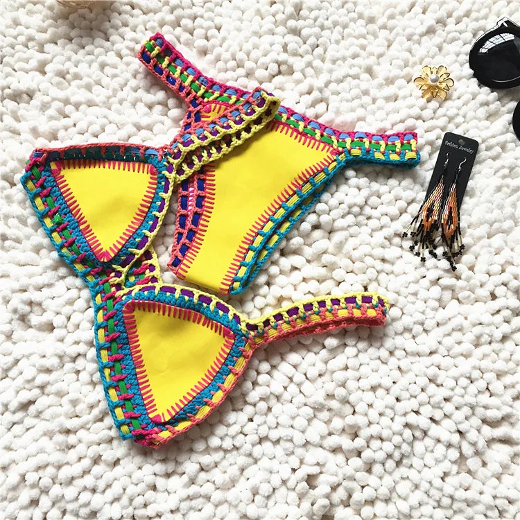 Bikini Crochet 2025 Handmade Knit Patchwork Reversible 2 Piece Swimsuit Women Halter Top Brazilian Bathing Suit Thong Swimwear