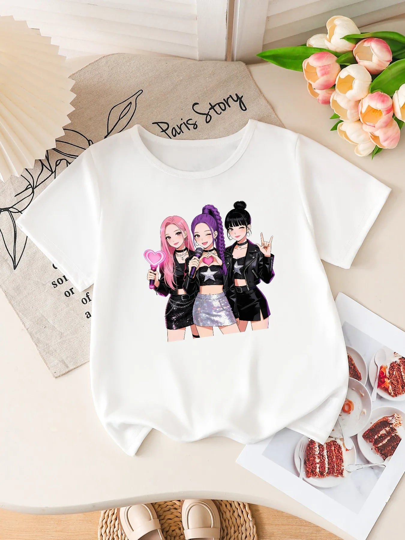 Girls K-POP Idol Group Print Short Sleeve T-Shirt Cute Concert Graphic Tee Kids Summer Casual Top