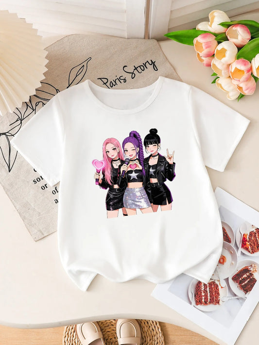 Girls K-POP Idol Group Print Short Sleeve T-Shirt Cute Concert Graphic Tee Kids Summer Casual Top