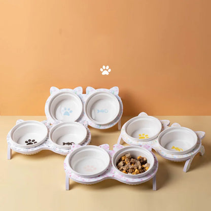 3pcs/set (1pc rack + 2pcs bowl) Non-Slip Ceramic Double Pet Food Bowl for Cats and Dogs - Prevents Spills and Slips