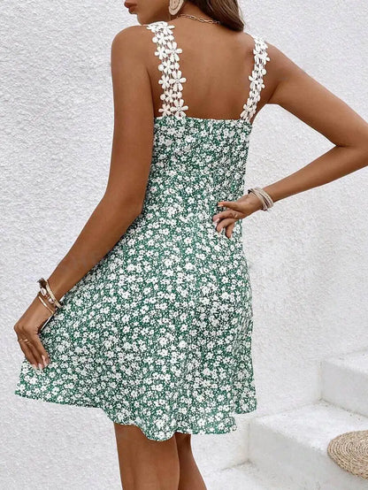 Women Dress Floral Lace Trim Spaghetti Strap A Line Mini Dress Boho Spring Summer Romantic Beach Vacation Flowy Comfy Outfit