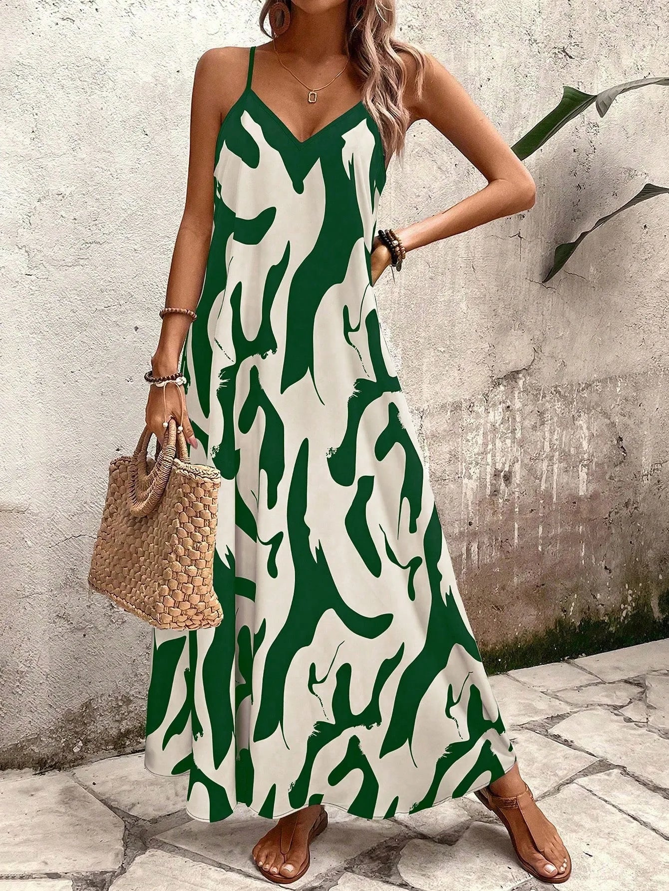 Summer 2026 Women's Fashion Slim Fit Floral Print V-Neck Loose Holiday Style Dress Knitted Fabric A- Line Skirt Casual Wear