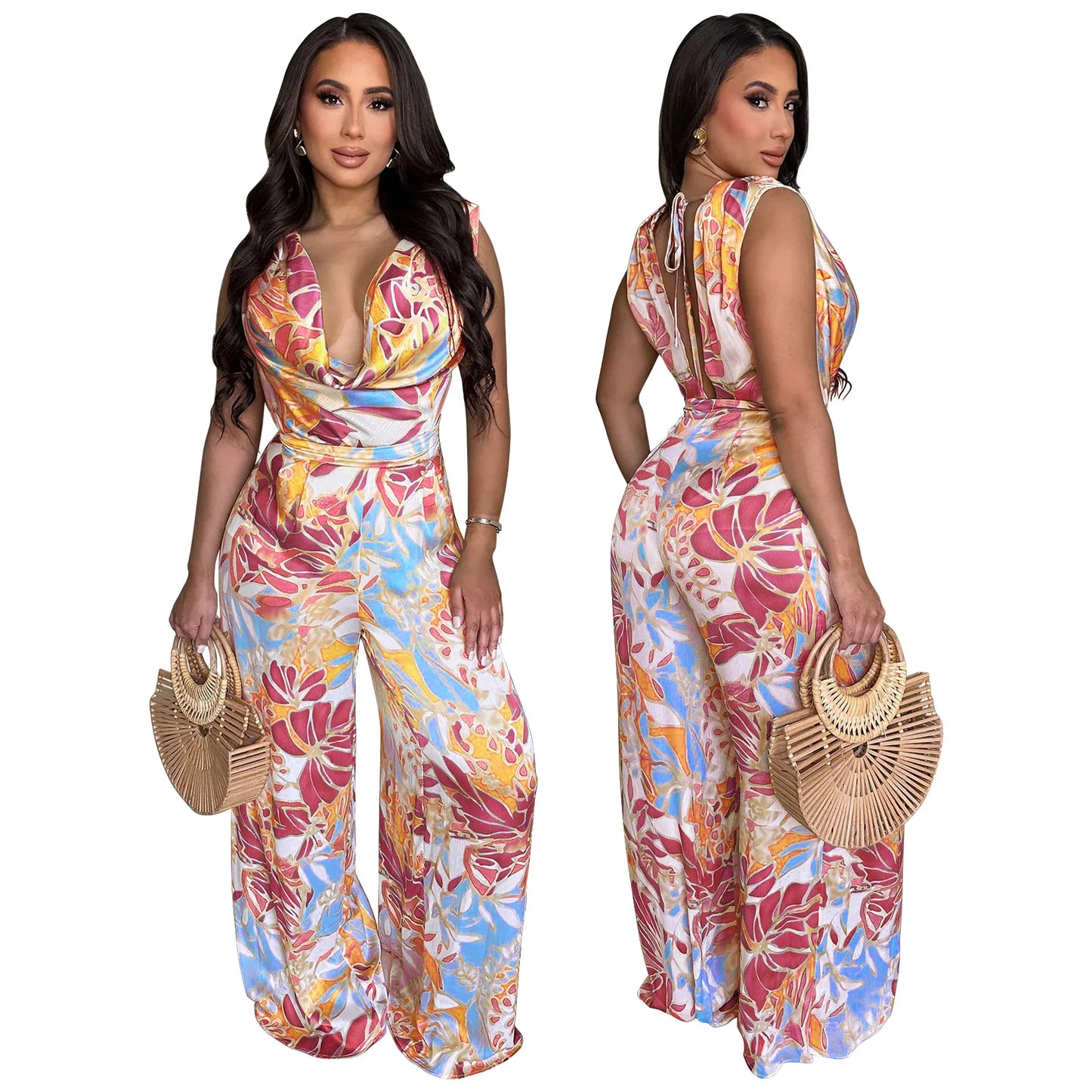 Summer Women 2025 Outfits Beach Jumpsuit Cover Up For Female Swim Swimsuit Sexy Tunic Sleeveless Lace Up Wide Leg Printed Romper