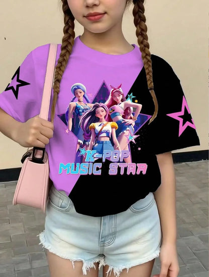 Kpop Cartoon Graphic Girls T-Shirt Casual Round-Neck T-Shirt Suitable for Girls Kids Gift Short Sleeve Tops Children's Clothing