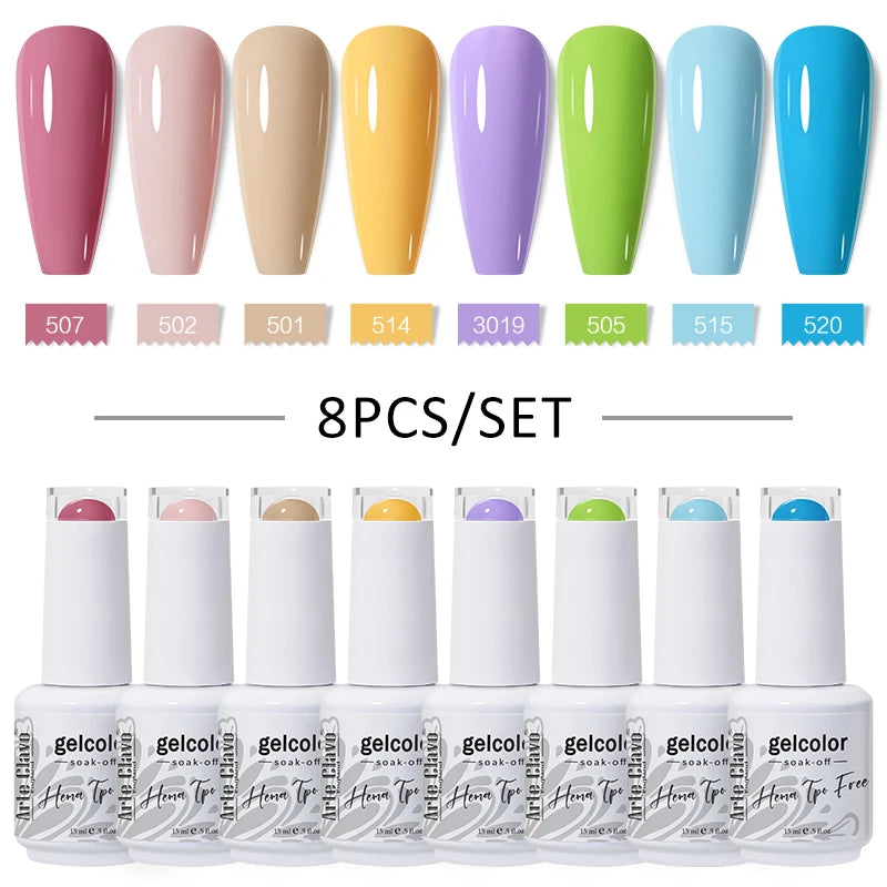 Arte Clavo 8Pcs/Set Gel Nail Polish Set 15ml Colorful Semi Permanent For Manicure Varnish Soak Off UV LED Nail Art Gel Kits