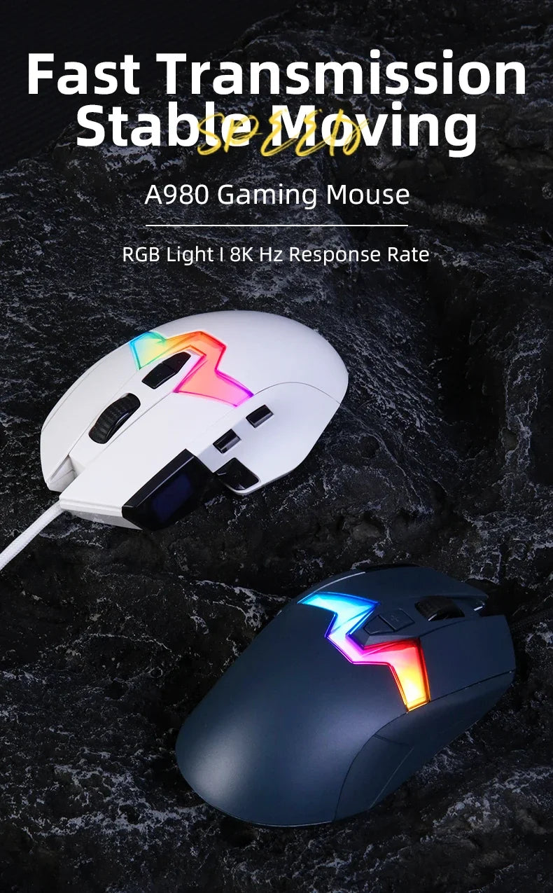 DAREU A980 Wired Gaming Mouse 8KHz 26000 DPI PAW3395 RGB Optical Sensor Ergonomic Programmable Mice for PC Laptop Gamer