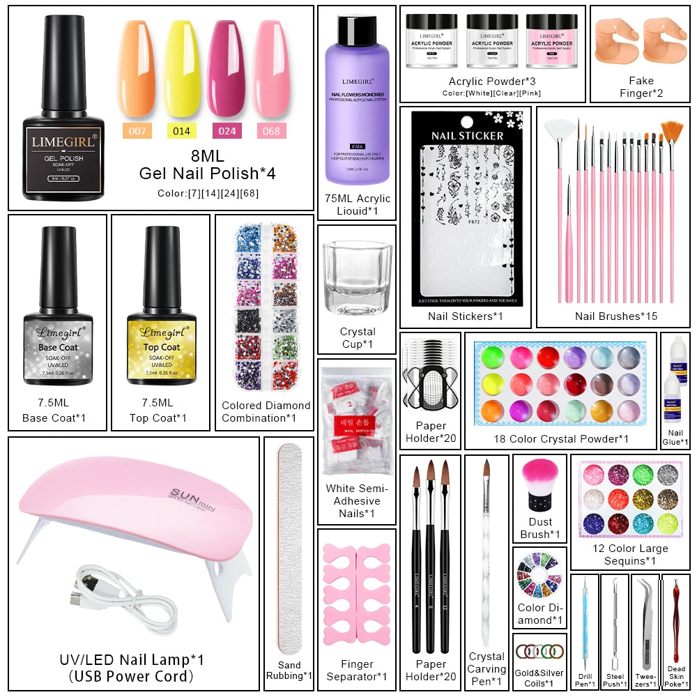 LIMEGIRL Acrylic Powder & Manicure Tools Set Trendy Multi Color Acrylic Powder Kit for Nail Extension and Subtle Glitter Accents