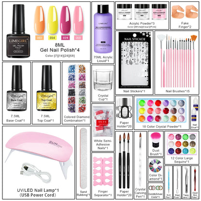 LIMEGIRL Acrylic Powder & Manicure Tools Set Trendy Multi Color Acrylic Powder Kit for Nail Extension and Subtle Glitter Accents