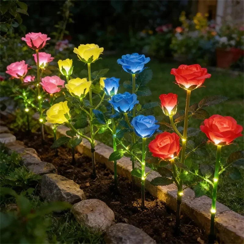 Simulation 5 Heads Rose Lamp Solar LED Lawn Lamp Decor Garden Wedding Parterre Party Camping Outdoor Yard Patio Ground Lights