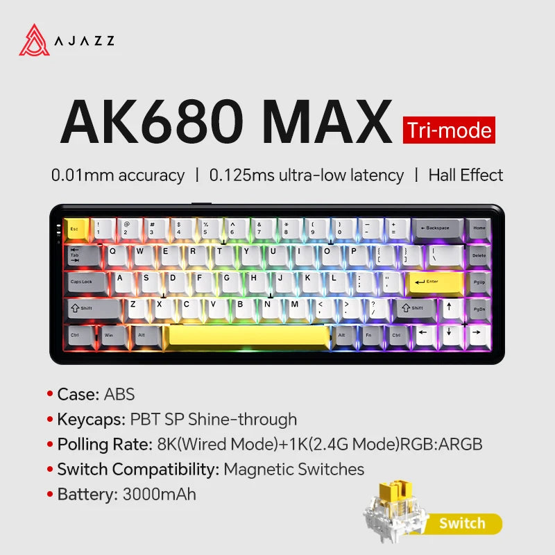 AJAZZ AK680 MAX/V2 Mechanical Keyboard HE Hall Effect Switch 60% 8k/1K RGB Wired/Wireless Gaming Rapid Trigger Magnetic Keyboard