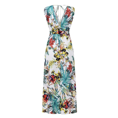 Summer Women Chiffon Floral Long Dress French Style Short Sleeve Elastic A-line Dresses Summer Bohemian Print Beach Dress
