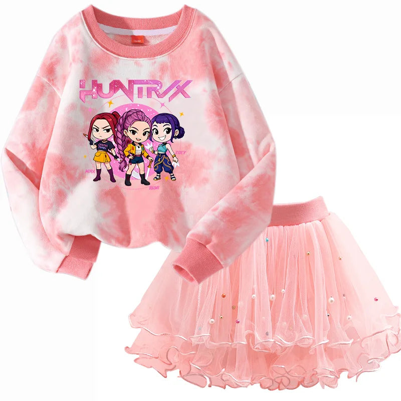 Girls' K-Pop HUNTRX Autumn Set: Pink Tie-Dye Sweatshirt & Pearl Tulle Princess Skirt