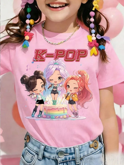 Kpop Cartoon Graphic Girls T-Shirt Casual Round-Neck T-Shirt Suitable for Girls Kids Gift Short Sleeve Tops Children's Clothing