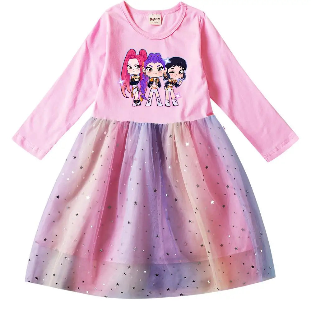 Girls' K-Pop Demon Hunters "Star Sparkle" Long Sleeve Tutu Dress: Rainbow Tulle Princess Gown