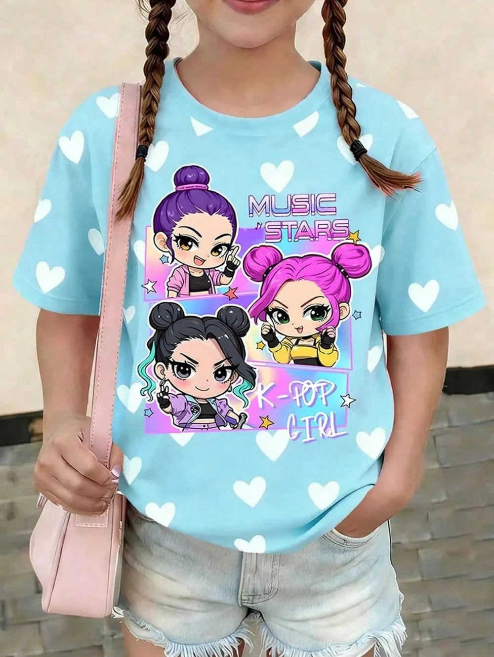Kpop Cartoon Graphic Girls T-Shirt Casual Round-Neck T-Shirt Suitable for Girls Kids Gift Short Sleeve Tops Children's Clothing