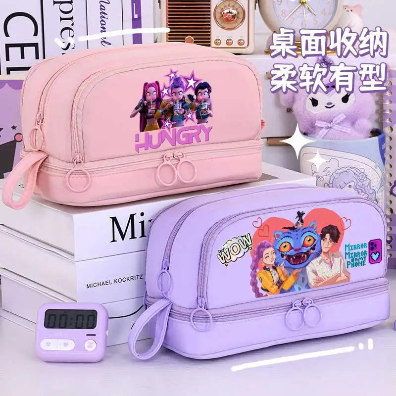 KPOP Pencil Case Student Storage Bag Stationery Large Space Storage 4 Compartment Pouch Double Side Opened