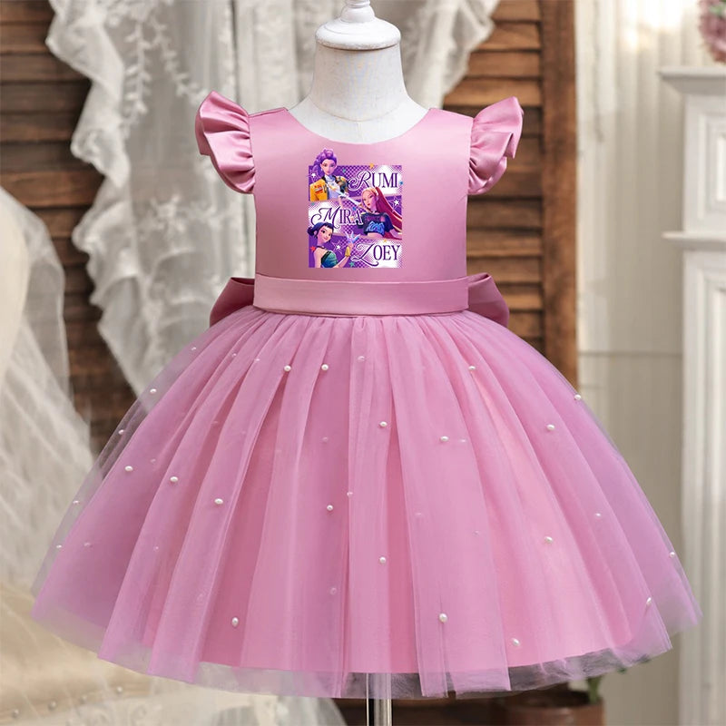 Girls' K-Pop "Pearl Essence" Gala Gown: Pink Tulle Tutu Dress with XL Back Bow & Beading